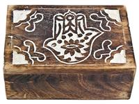 WBX86<BR><BR>Hamsa Hand Carved Wooden Box - 7"x5"