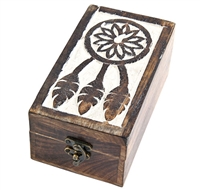 WBX87<BR><BR>Dream Catcher Carved Wooden Box - 7"x4"