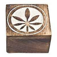 WBX88<BR><BR>Hemp Leaf Carved Wooden Box - 4"x4"