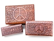 WBX99<BR><BR>Peace Sign Carved Wood Box - 8"L, 6.5"L, 5.5"L (Set of 3)