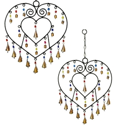WCH19<BR><BR>2 Pieces Double Heart Metal Wind Chime with Bells & Glass Beads - 14"W, 23"H