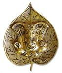 WHN24<BR><BR> Ganesh on Bodhi Leaf Brass Wall Hanging 5.5"W, 7"H