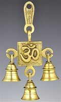WHN34<br><br> Om Symbol Brass Wall Hanging Chime with 3 bells  7"L