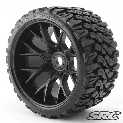 Monster Truck Terrain Crusher Belted tire Pre-Glued on WHD Black wheel (2)