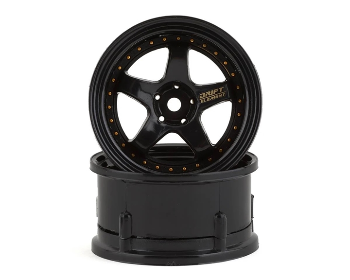 DS Racing Drift Element 5 Spoke Drift Wheels (Triple Black w/Gold Rivets) (2) (Adjustable Offset) w/12mm Hex - DSC-DE-007