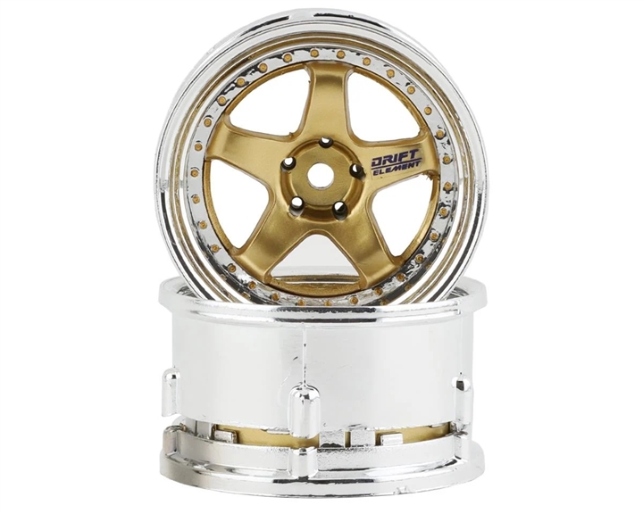 DS Racing Drift Element 5 Spoke Drift Wheels (Gold & Chrome w/Gold Rivets) (2) (Adjustable Offset) w/12mm Hex - DSC-DE-018