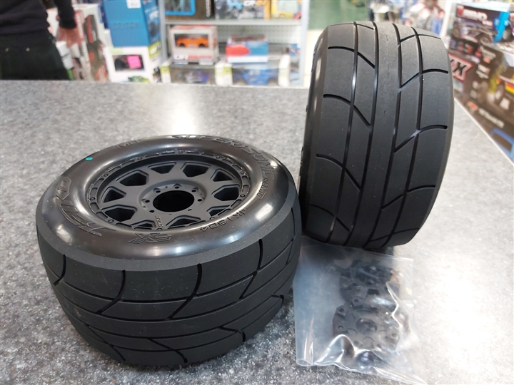 1/8 MT 3.8 Super Sonic Tires Mounted on Black Claw Rims, Medium Soft, Belted, 17mm 0" Offset (2)