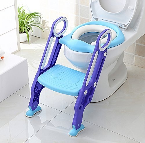 Potty Toilet Seat Adjustable Baby Toddler Kid Toilet Trainer with Step Stool Ladder for Boys and Girls-Blue-Purple Pattern
