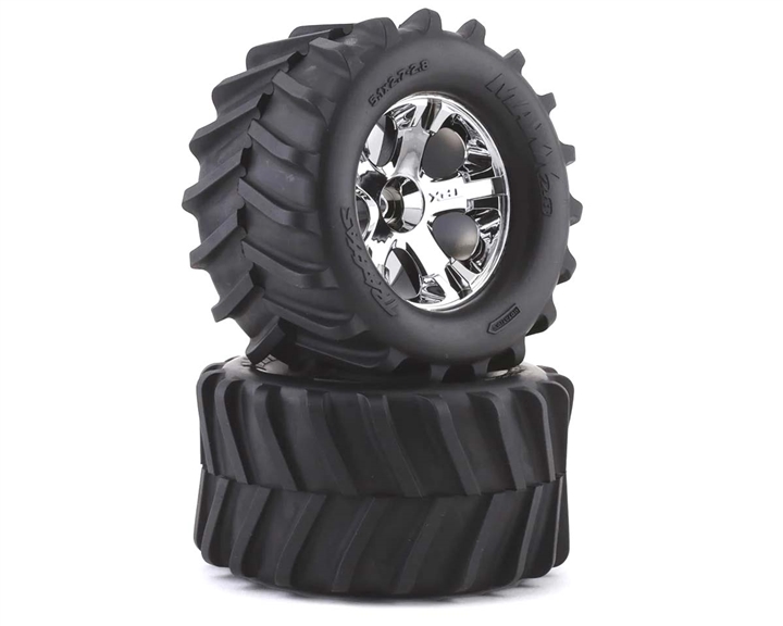 Traxxas Tires and wheels, assembled, glued 2.8' (All-Star chrome wheels, Maxx tires, foam inserts) (2) TRA6771