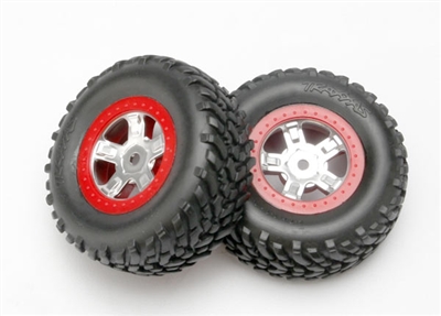 Traxxas SCT Pre-Mounted Tires & Wheels w/Red Beadlock (Satin Chrome) (2) TRA7073A