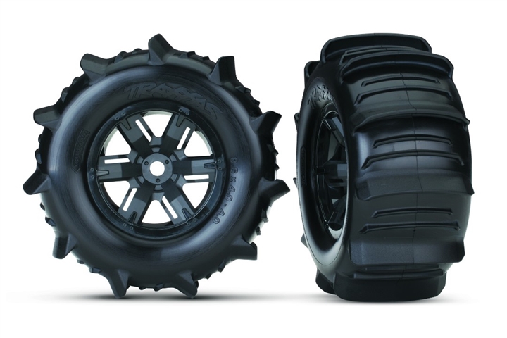 Traxxas Tires & Wheels, Assembled, Glued (X-Maxx Black Wheels, Paddle Tires, Foam Inserts) (Left & Right) (2) TRA7773