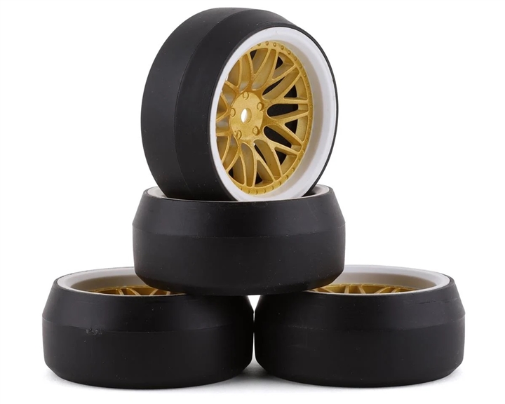 Spec D Pre-Mounted Drift Tires w/LS Mesh Wheels (White/Gold) (4) w/12mm Hex & 6mm Offset - YEA-WL-0088