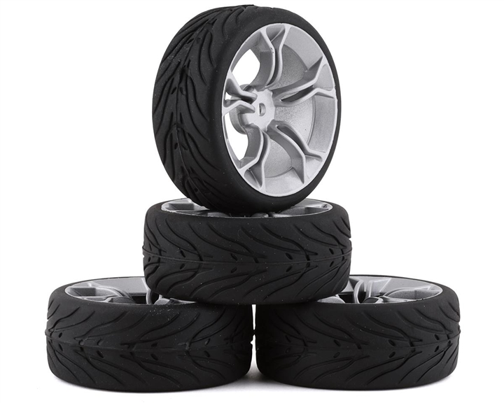 Yeah Racing Spec T Pre-Mounted On-Road Touring Tires w/MS Wheels (Silver) (4) w/12mm Hex & 3mm Offset, YEA-WL-0104