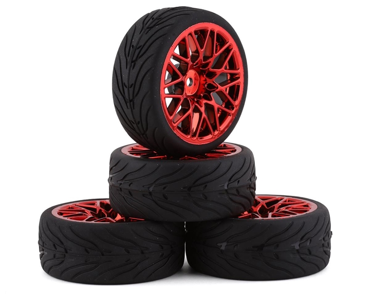 Yeah Racing Spec T Pre-Mounted On-Road Touring Tires w/LS Wheels (Red) (4) w/12mm Hex & 3mm Offset, YEA-WL-0108