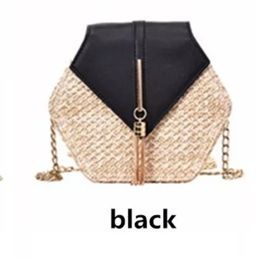 Hexagon Mulit Style Straw+leather Handbag