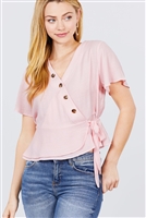 Short Sleeve V-neck Surplice Button Down Detail Ribbon Tie Back Shirring Woven Top