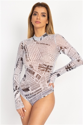 Newspaper Graphic Mesh Bodysuit