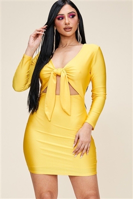 Long Sleeve Solid Tie Front Short Dress