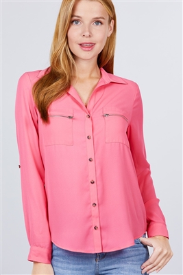 Roll Up Sleeve Pocket W/zipper Detail Woven Blouse