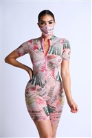 Printed Mesh Romper With Stitching Detail With Mask