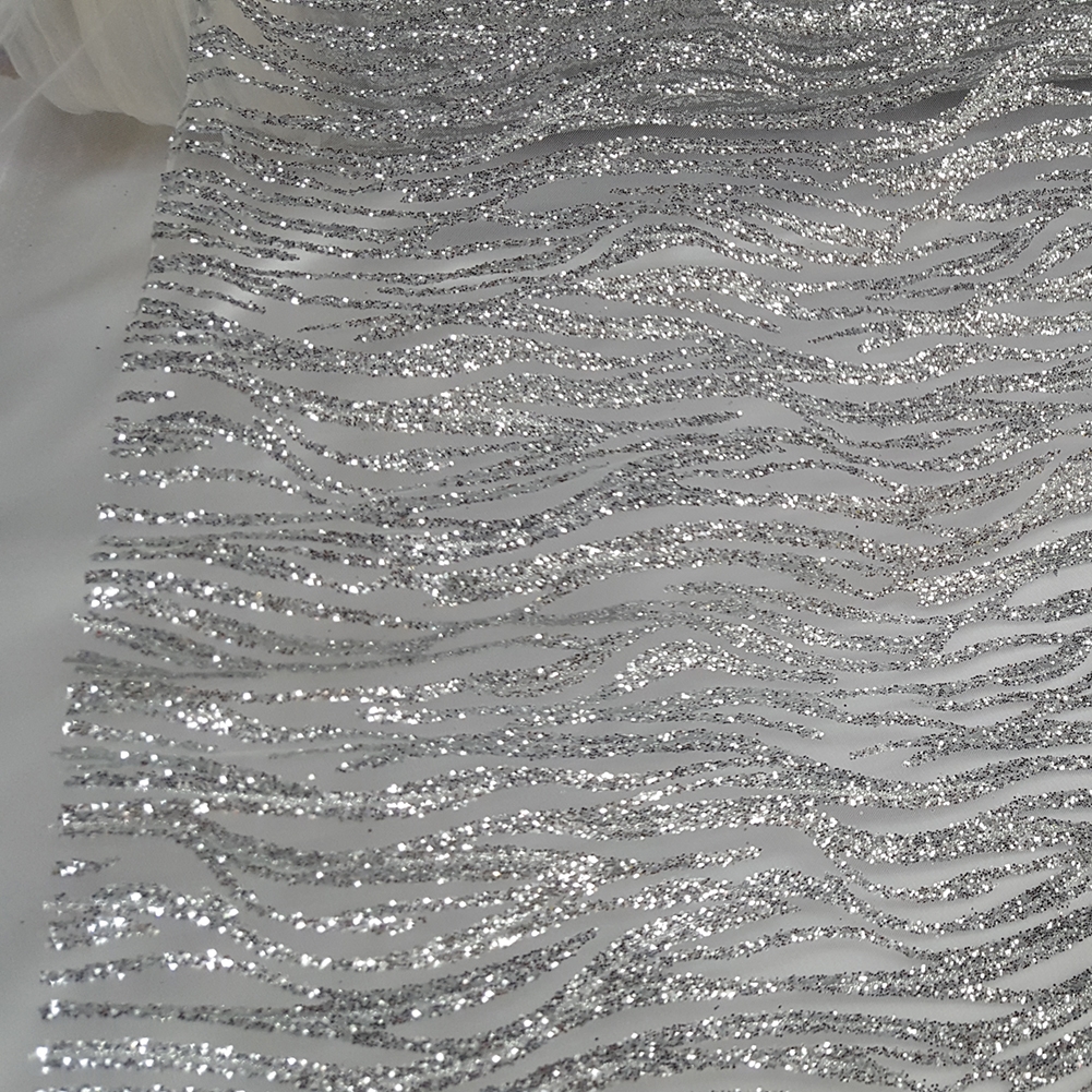 Silver Glitter Glued Wafer Soft Dense Mesh Tulle Fabric - OneYard