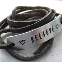 Believe Leather Wrap Bracelet, Hand Stamped