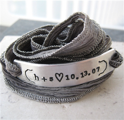 Personalized Anniversary Bracelet, silk ribbon wrap