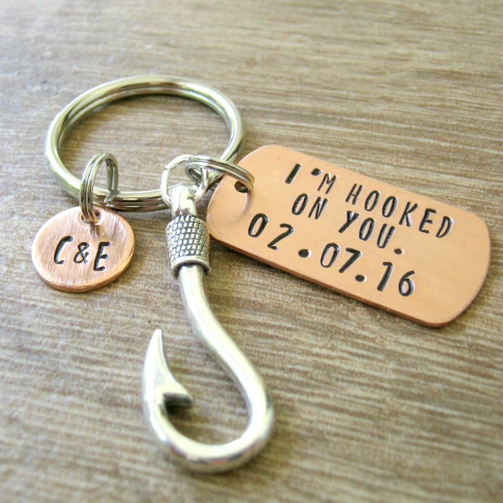 I'm Hooked on You Keychain with Fish Hook Charm with anniversary
