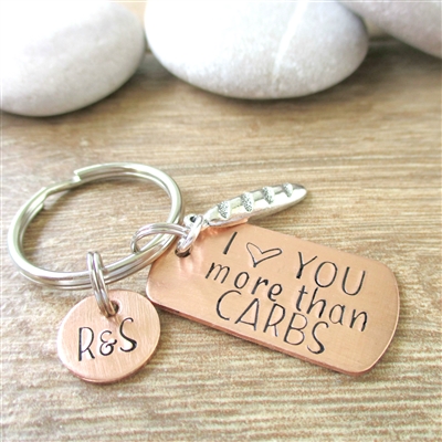 I Love You More Than Carbs Keychain with baguette charm