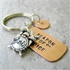 Drum Keychain, Weapon of Choice, copper dog tag with drum set charm