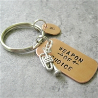 Trumpet Key chain, Weapon of Choice, copper dog tag with trumpet charm