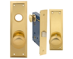 Em-D-Kay (Like Marks 91DW/3-X), Polished Brass, MAXTECH Wide Face Plate, Left Hand, Heavy Duty Mortise Lock Knob Vestibule Function Always Locked Storeroom Latch Only Lockset, Surface Mounted Screw-on Knobs Lock Set