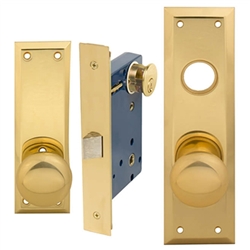 Em-D-Kay (Like Marks 91DW/3-X), Polished Brass, MAXTECH Wide Face Plate, Right Hand, Heavy Duty Mortise Lock Knob Vestibule Function Always Locked Storeroom Latch Only Lockset, Surface Mounted Screw-on Knobs Lock Set