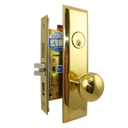 Marks Steel Body Grade 1 5NY10A/3 New Yorker Series, Polished Brass Right Hand Entrance Mortise Lock Set, Screwless Knobs Thru-Bolted Lockset
