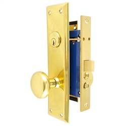 HUD (Marks 91D/3 Like) Polished Brass Left Hand Mortise Lock Knob, Office Vestibule, Passage Always Open OR Storeroom Always Locked, Classroom, Latch and Rocker (No Bolt) Lockset, Surface Mounted Screw-on Knobs Lock Set