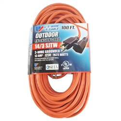 US Wire And Cable 63100 14/3 Gauge SJTW-3 Outdoor Extension Cord with Sleeve Orange 100-Foot
