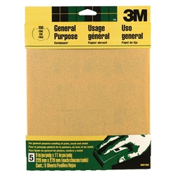 3M, 9001, 5 Pack, 9" x 11", 150 Grit, Aluminum Oxide, All Purpose Sandpaper