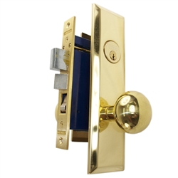 Marks New Yorker 9NY10A/3, Polished Brass Right Hand Mortise Entry Lock Set, Screwless Knobs Thru-Bolted Lockset