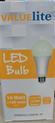 TValue Lite 16 Watt Equivalent to 100 Watt A21 LED Light Bulb. Life Hours: 15,000; 3000K Soft White. No UV or IR radiation. High efficiency environmentally friendly. Non dimmable. Suitable for damp locations. Approved for totally enclosed fixtures