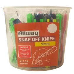 Allway Tools, K13-50, Neon, 13 point (9mm) Breakaway Snap Off Knife, Bucket (50 Pack), Assorted Colors