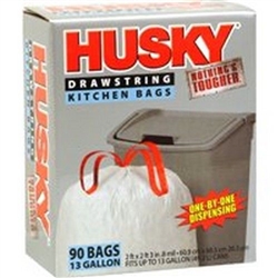 Poly America Inc, HK13XDSE090W, Husky Draw String Tall Kitchen Trash Bag 13 Gallon 0.8 Mil. White 90CT