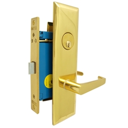 Maxtech (Marks Metro 116DW/3 Like) Right Hand, Polished Brass, Heavy Duty Mortise Lock Lever Vestibule Function Always Locked Storeroom Latch Only 2-1/2" Lock Set, Screwless Lever Thru Bolted Lockset