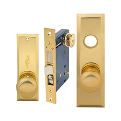 Maxtech (Marks 114A/3-X Like), Polished Brass, Wide Face Plate, Right Hand, Heavy Duty Mortise Entry Lockset, Screwless Knobs Thru Bolted Lock Set