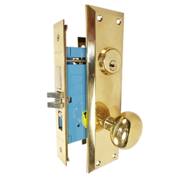 Mul-T-Lock ML7053XF-05-006-RH (Like Marks 7 Series) HIGH SECURITY Polished Brass US3 Right Hand Mortise Entry Lockset Surface Mounted - Screw On Knobs with Swivel Spindle 2-3/4" Backset And 1-1/4" x 8" Wide Faceplate