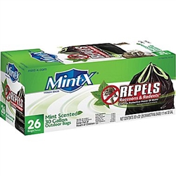 Mint-X, MX3033B26D, Black, 26 Count, 30 Gallon 1.1 Mil, Rodent Repellent Draw String Drawstring Outdoor Trash Bags