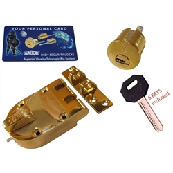 NABOB (MUL-T-LOCK Like) Solid Jimmy Proof Deadlock Deadbolt Single Cylinder Lock Set with High Security Rim Cylinder Solid Brass US3 Finish, Polished Brass Body, HIGH SECURITY, 006 KEYWAY