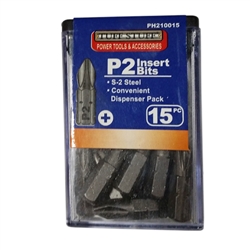 Tuff Stuff PH210015 Pack Of 15 s-2 Steel Phillips #2 Insert Bits x 1" Long With A Clear Plastic Dispencer.