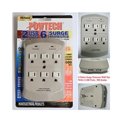 Powtech PT-7846U White 6 Outlet 900 Joules Surge Protector Tap With 2 Port USB Charger