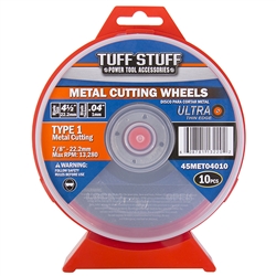 Tuff Stuff 45MET04010 10 Pack 4-1/2" x .040" x 7/8" Arbor Type 1 Ultra Thin Metal Cutting Wheel Blade, For Fast Cutting Of All Types Of Ferrous & Stainless Steel Metals, Cuts Steel, Angle Iron, Pipe, Tubing, Rebar, Max RPM Rating 13,280