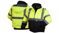 Pyramex Safety, RJ3210M, Medium, RJ32 Series Jackets, Hooded Green Lime Jacket Fleece High Visibility Reflective Tape ANSI 3 Bomber Safety Work Jacket